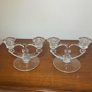 Indiana Glass Etched Double Light Candleholders